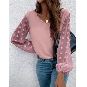 SHEIN LUNE Swiss Dot Bishop Sleeve Blouse in Dusty Pink Size L - NWT